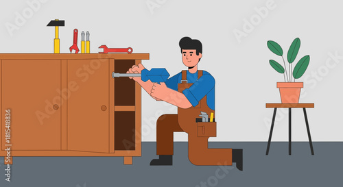 Handyman assembling furniture with tools in a bright room, showcasing DIY home improvement, perfect for lifestyle and design projects, originally a scalable vector graphic