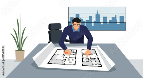 Architect reviewing blueprints in modern office with city view, visualizing floor plan layouts for innovative housing projects and construction design work