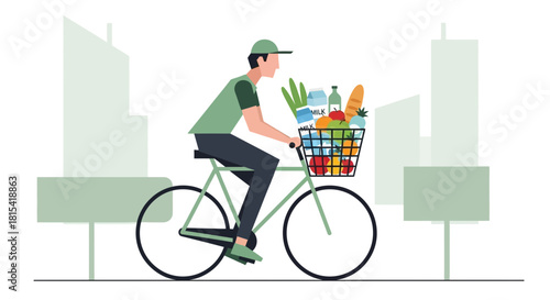 Eco-Friendly Grocery Delivery: Man on Bicycle Delivering Fresh Food in City, Promoting Sustainable Lifestyle Choices and Healthy Eating Habits with Vector Design