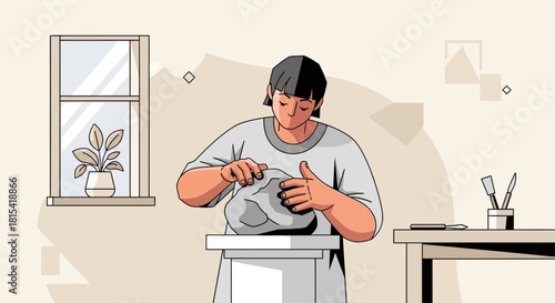 Creative sculptor shaping clay with focused passion, expressing artistic vision in tranquil studio, a serene moment of mindful creation and artistic dedication