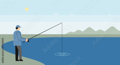 Man enjoying serene fishing on calm blue lake, a peaceful outdoor escape, perfect for recreation, relaxation, and connecting with nature's beauty