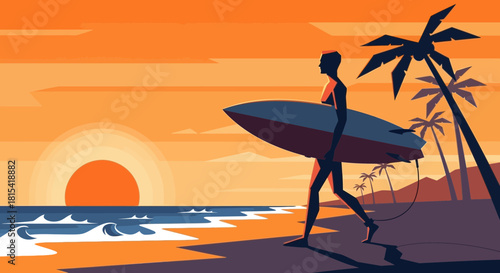 Stunning sunset beach scene featuring surfer carrying surfboard along the shore, palm trees swaying, perfect for travel, summer, and tropical vibe promotions