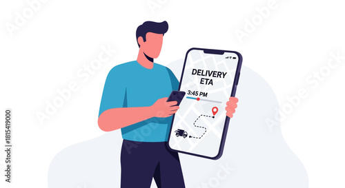 Man checking delivery ETA on smartphone, illustrating modern logistics tracking and supply chain visibility, perfect for transportation or technology themes