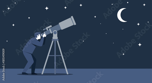 Man gazes at the stars with a telescope under the crescent moon, exploring the mysteries of the universe in the night sky, a journey of wonder and discovery