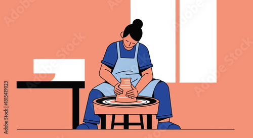Woman creating pottery with expert hands, shaping clay on the wheel, a therapeutic and creative hobby for relaxation and mindfulness, originally from a scalable file