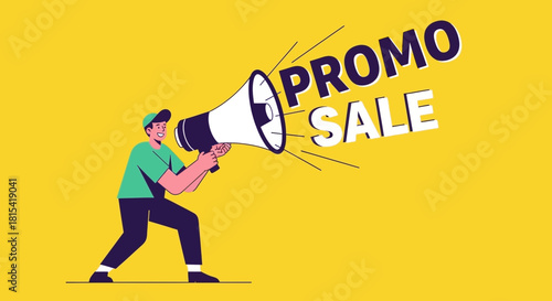 Excited man announces promo sale with megaphone, perfect for advertising campaigns or seasonal promotions, boost sales with this eye-catching design