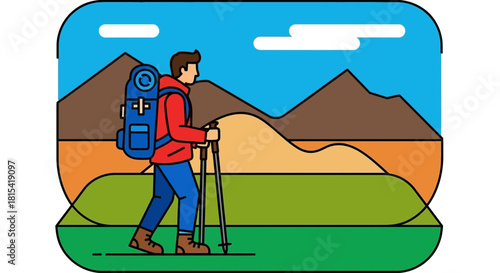 Inspiring outdoor adventure illustration of a hiker with backpack trekking through scenic mountains, perfect for travel blogs or outdoor gear marketing