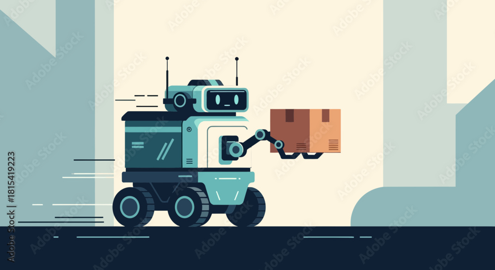 Obraz premium Modern delivery robot carrying package with speed, futuristic automation for e-commerce logistics, innovative technology for express shipment and distribution