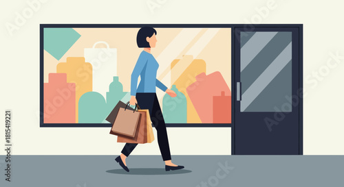 Stylish woman happily walking with shopping bags after a successful day of retail therapy, vector illustration perfect for fashion and lifestyle content