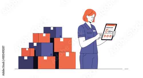 Streamline Your Supply Chain With Inventory Management Assistant, Digitally Tracking Stock Levels With Tablet Next To Shipping Boxes, Optimizing Business Operations