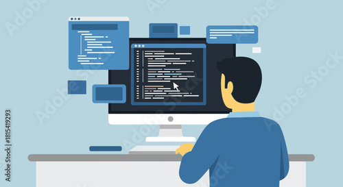 Software developer focused on coding at modern workstation, creating innovative apps and optimizing code for seamless user experiences and cutting-edge technology