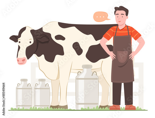 Dairy Farmer Man Worker Standing Near a Dairy Cow with Milk Cans in Farm for Dairy Cattle and Milking Cow Concept Illustration