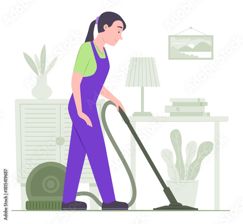 Janitor Woman Cleaning Room with Electric Vacuum Cleaner for Cleaning Service Occupation Concept Illustration