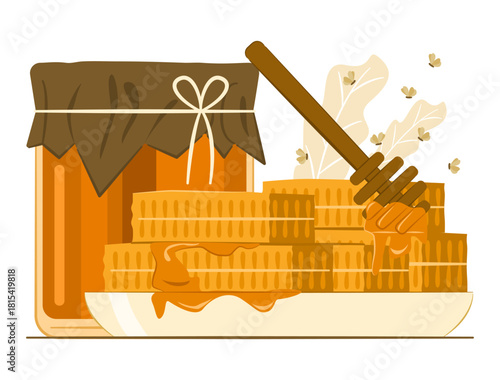 Honeycomb in Plate and Honey in Glass Jar with Honey Dipper for Natural Organic Healthy Food Concept Illustration