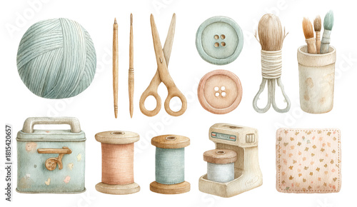 Cozy Watercolor Sewing and Knitting Tools Illustration for Craft Lovers