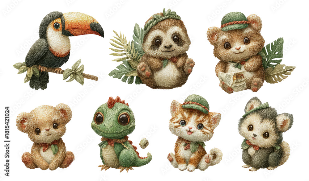 Obraz premium Hand-Drawn Tropical Critters Illustration Featuring Cute Animals and Vibrant Colors