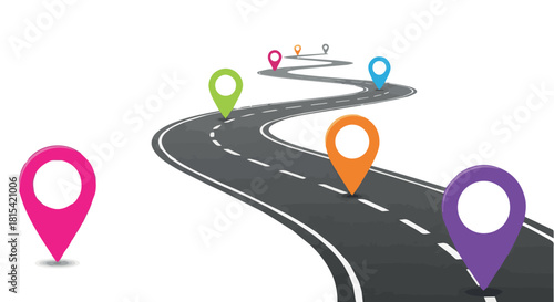 Curved road with large location pins suitable for navigation concepts featuring modern markers, smooth highway shapes, and colorful destination indicators