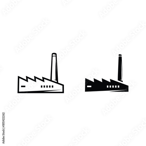Industrial factory building with chimney, outline and solid art.