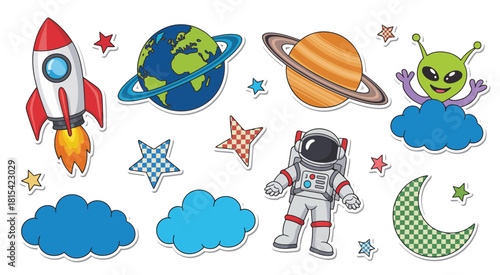 Pixel celestial bodies icons featuring planets, stars, moons, and space exploration elements design
