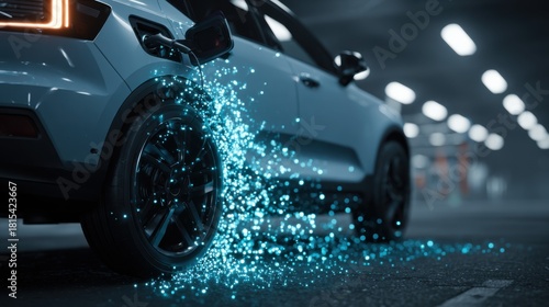 Dynamic Close-Up of Electric Car Charging with Sparkling Light Effects in Modern Parking Garage Environment