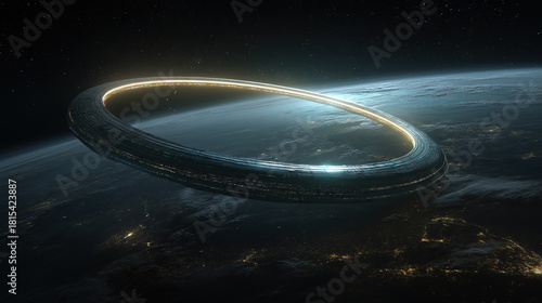 Fototapeta Naklejka Na Ścianę i Meble -   Futuristic giant ring space station orbiting Earth, cosmic exploration theme for sci-fi concept art, film VFX and educational illustration