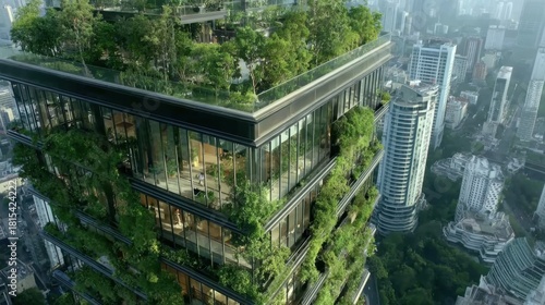 Modern skyscraper with green walls, lush vegetation, eco-friendly architecture, and panoramic city skyline view