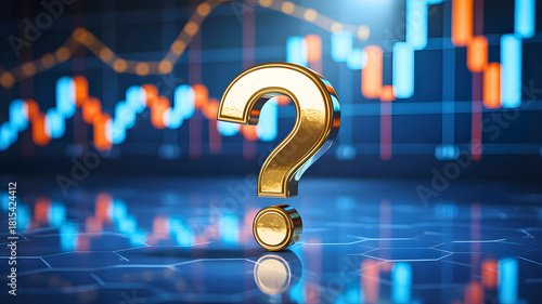 Uncertainty in the Stock Market Gold Question Mark Against Stock Chart Background