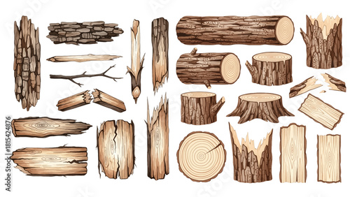 A collection of illustrated wooden elements, including logs, stumps, planks, and splintered pieces with bark.