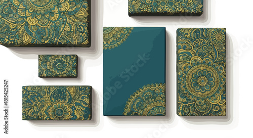 An elegant collection of teal and gold patterned gift boxes, perfect for showcasing intricate designs and adding a touch of luxury.