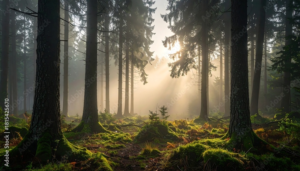 Fototapeta premium A misty forest scene. Sunlight streams through tall trees, illuminating the undergrowth and creating a serene, natural atmosphere