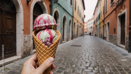 Fototapeta Naklejka Na Ścianę i Meble -  A charming Italian street scene featuring artisanal gelato in a waffle cone