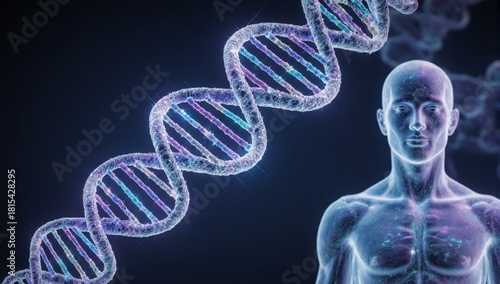Digital artwork depicting a futuristic human figure with DNA elements in the biotechnology style