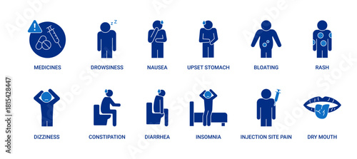 Side Effects icon set containing drowsiness, nausea, upset stomach, bloating, rash, dizziness, constipation, diarrhea, insomnia, pain at injection site, and dry mouth vector icons