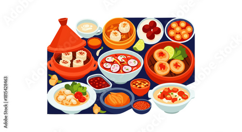 An appetizing illustration showcases a diverse assortment of culinary delights, featuring various dishes, sauces, and delectable food items for a satisfying meal.