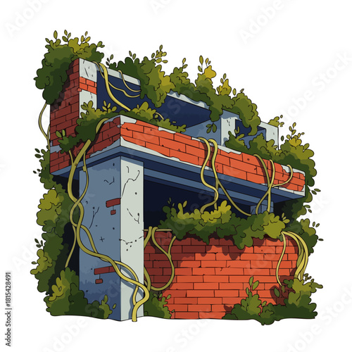 Illustration depicts an old, brick building overtaken by lush green vines and foliage, showcasing nature's reclamation of urban decay.