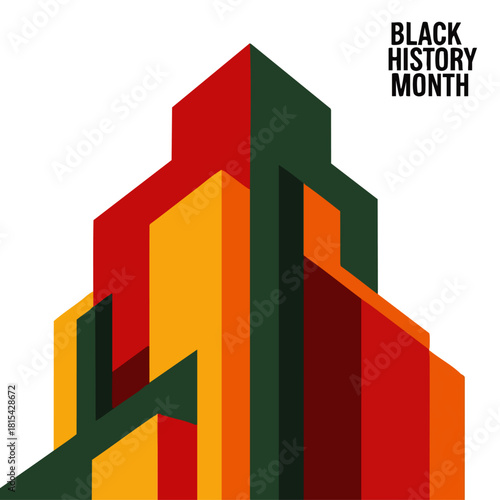 An abstract, geometric illustration celebrating Black History Month with vibrant colors and bold, architectural shapes against a clean white background.