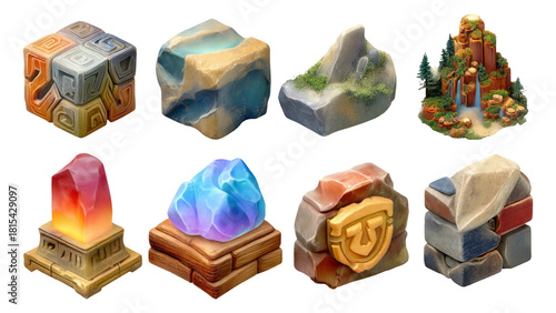 Fototapeta Naklejka Na Ścianę i Meble -  Stylized 3D Rune Blocks in Stonecraft Illustration with Detailed Textures and Colors
