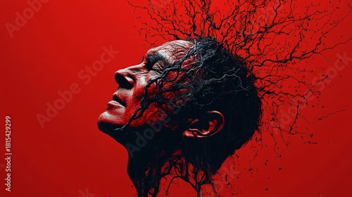 A striking visual represents the internal struggle of the human condition. A compelling stock image evoking themes of adversity and the human form. The red and black contrast is dramatic.