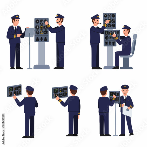 Aviation pilots working in the cockpit. Flat vector illustration set showing aircrew operating controls, checking gauges, and managing the flight deck.