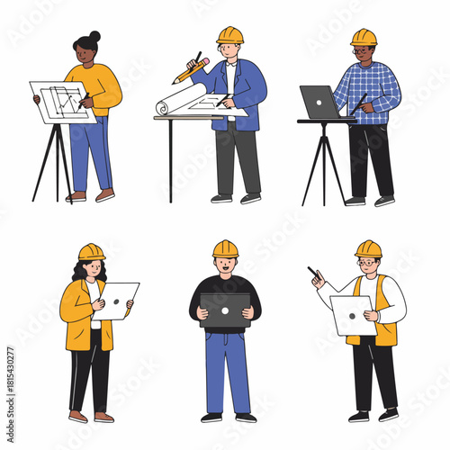 Diverse team of engineers and architects in hard hats working with blueprints, laptops, and construction plans, isolated vector set.