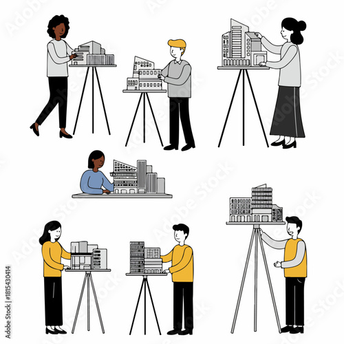 Architects and designers working with various architectural scale models of modern city buildings on tripods.