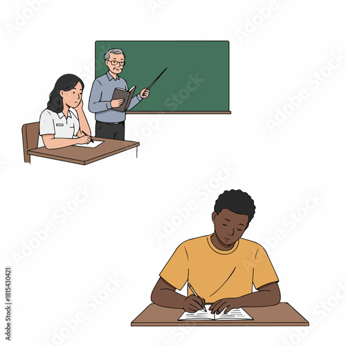 Teacher instructing students in a diverse classroom setting, focused on education and academic tasks.