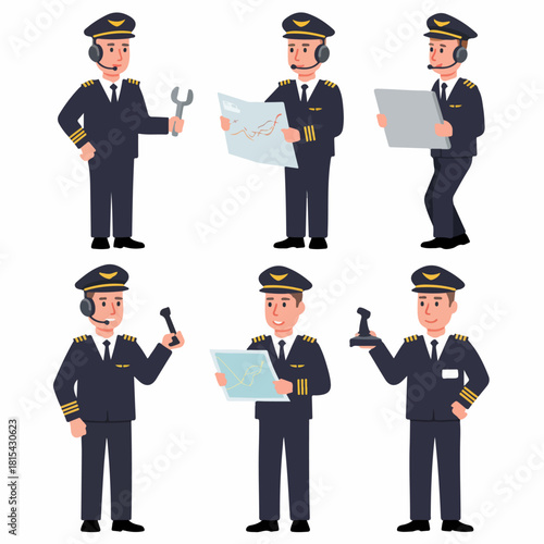 Vector illustration set of commercial airplane pilots in uniform posing with various aviation equipment like maps, joystick, and tools.