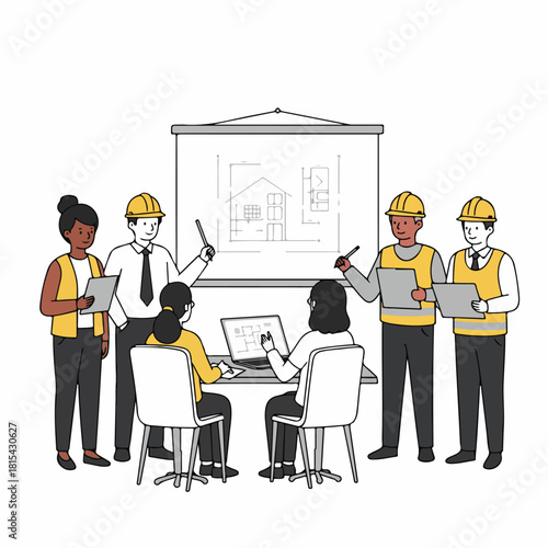 Diverse team of architects, engineers, and construction managers reviewing blueprints and discussing residential building plans during a professional project meeting.