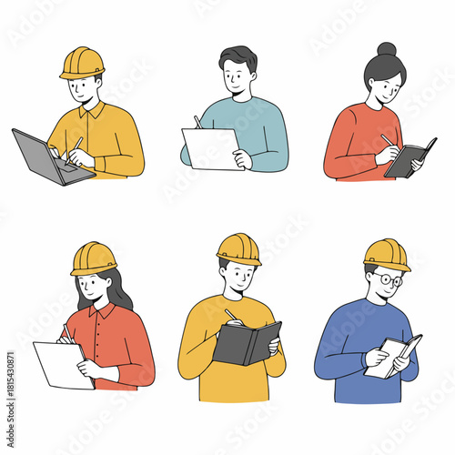 Doodle illustration set of diverse professionals, engineers, and students writing, planning, or working on tasks.