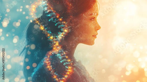 A profile view depicts the conceptual visualization of human well-being and health. It uses artistic elements to represent internal states of the mind and body. The color enhance the mood.