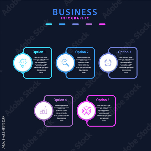 Vector infographic label template with icons, featuring 5 steps or options. Ideal for business concepts and useful for flow charts, presentations, websites, banners, and printed materials