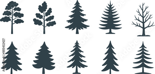 Set of tree silhouettes vector, black pine and fir forest icons, nature design elements collection, isolated evergreen plants illustration