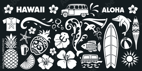 Hawaii themed vector illustration with tropical elements in black and white