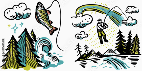 Hand drawn fishing and outdoors illustration with fisherman and trout